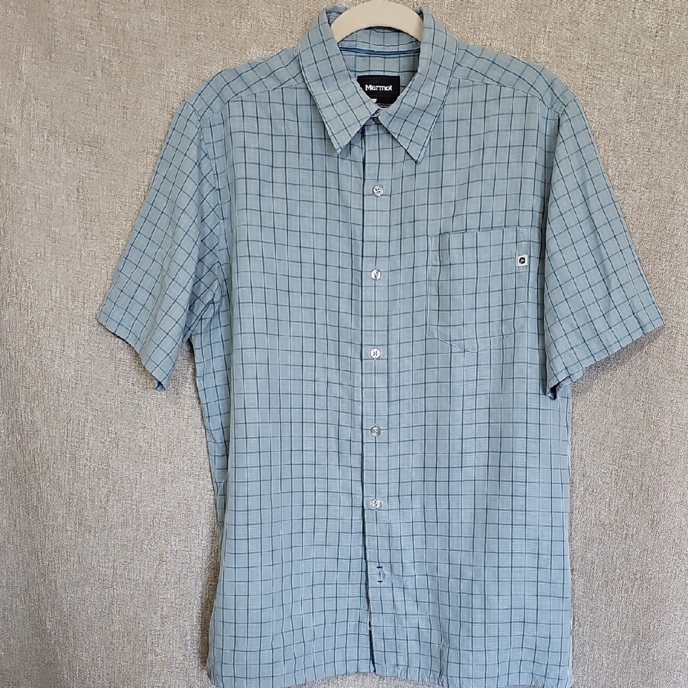 Marmot Men's Light Blue Windowpane Short Sleeve Button-Down Shirt